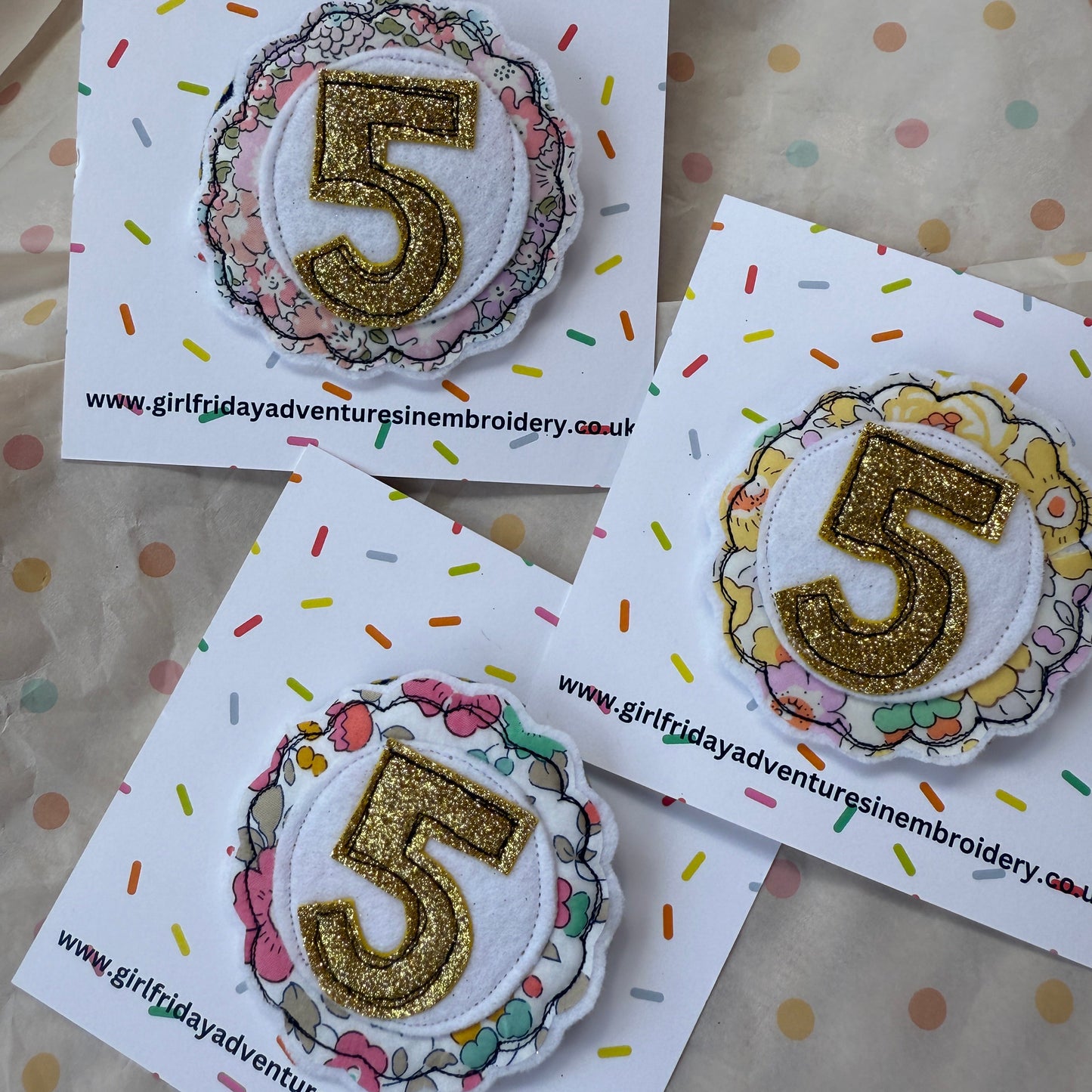 Girl Friday Embroidery Liberty Print Glitter number birthday badge - Age 5