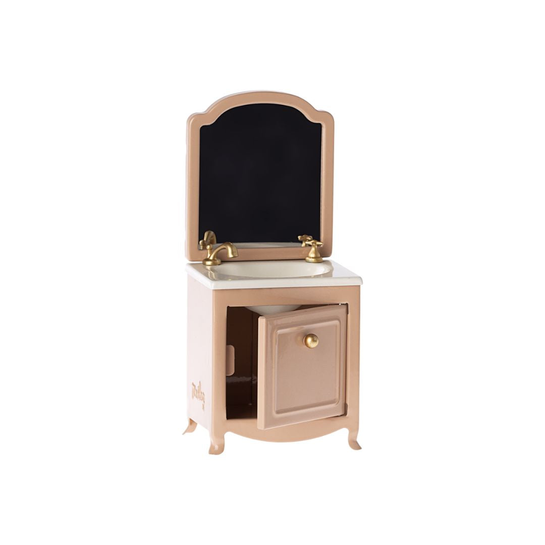 Maileg dollshouse dresser in pnk with a little under cupboard, mirror and sink
