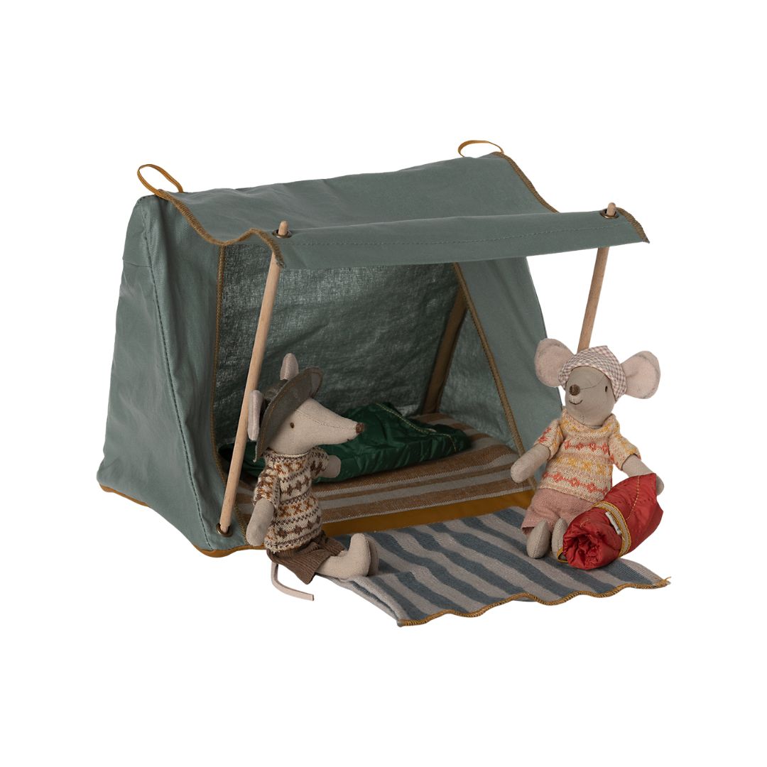 Maileg green tent for summer play and adventures, with Maileg brother and sister sitting outside