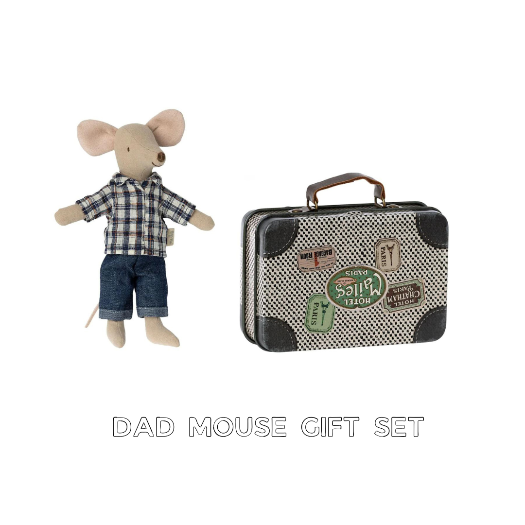 Maileg dad mouse gift set, dad SS23 mouse with a travel off white suitcase bundle