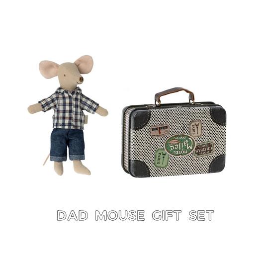 Maileg dad mouse gift set, dad SS23 mouse with a travel off white suitcase bundle