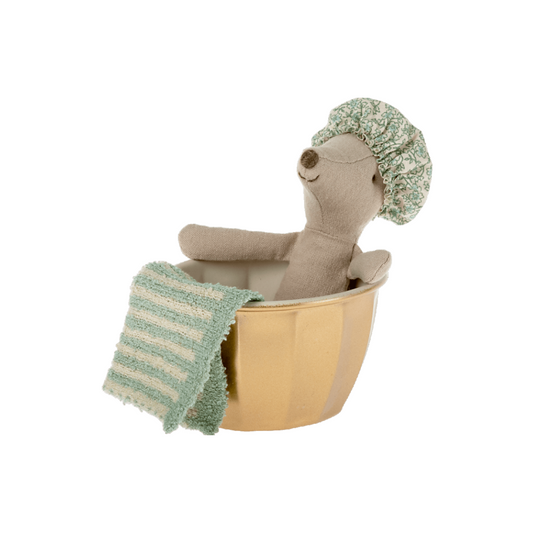 Maileg wellness mouse with a golden bathtub and stripy towel