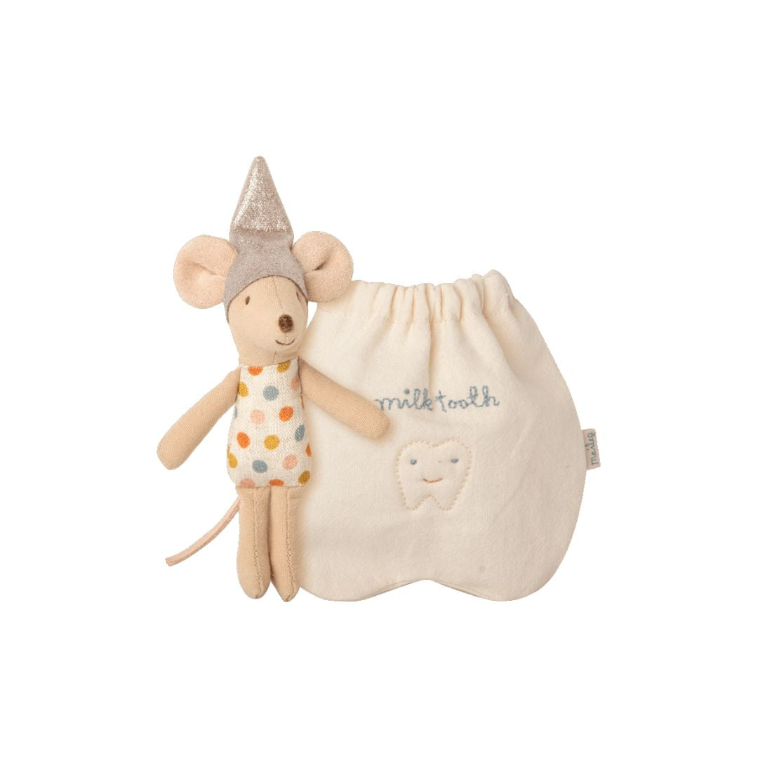 Maileg little tooth fairy mouse with spotted body and silver pointy hat