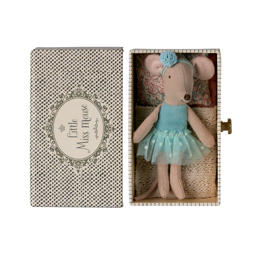 Maileg ballerina day bed dance mouse in a blue tutu in a matchbox bed with pretty blanket and bedding. A bestselling Maileg product.