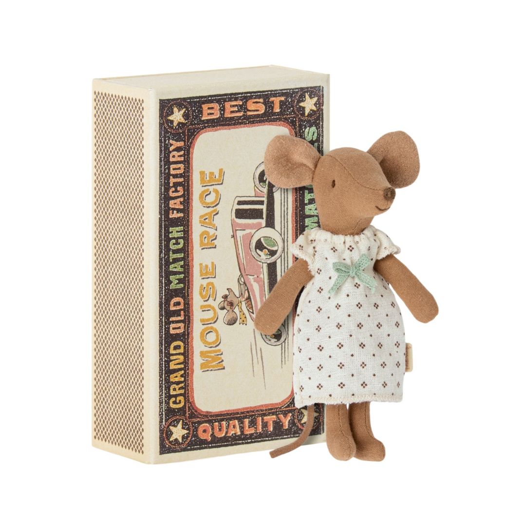 Maileg big sister matchbox mouse with a white pretty dress