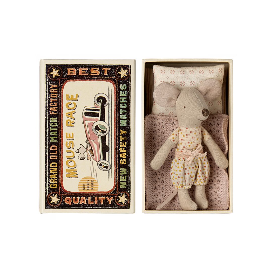 Maileg Little Sister Mouse in matchbox, Pink Spotty