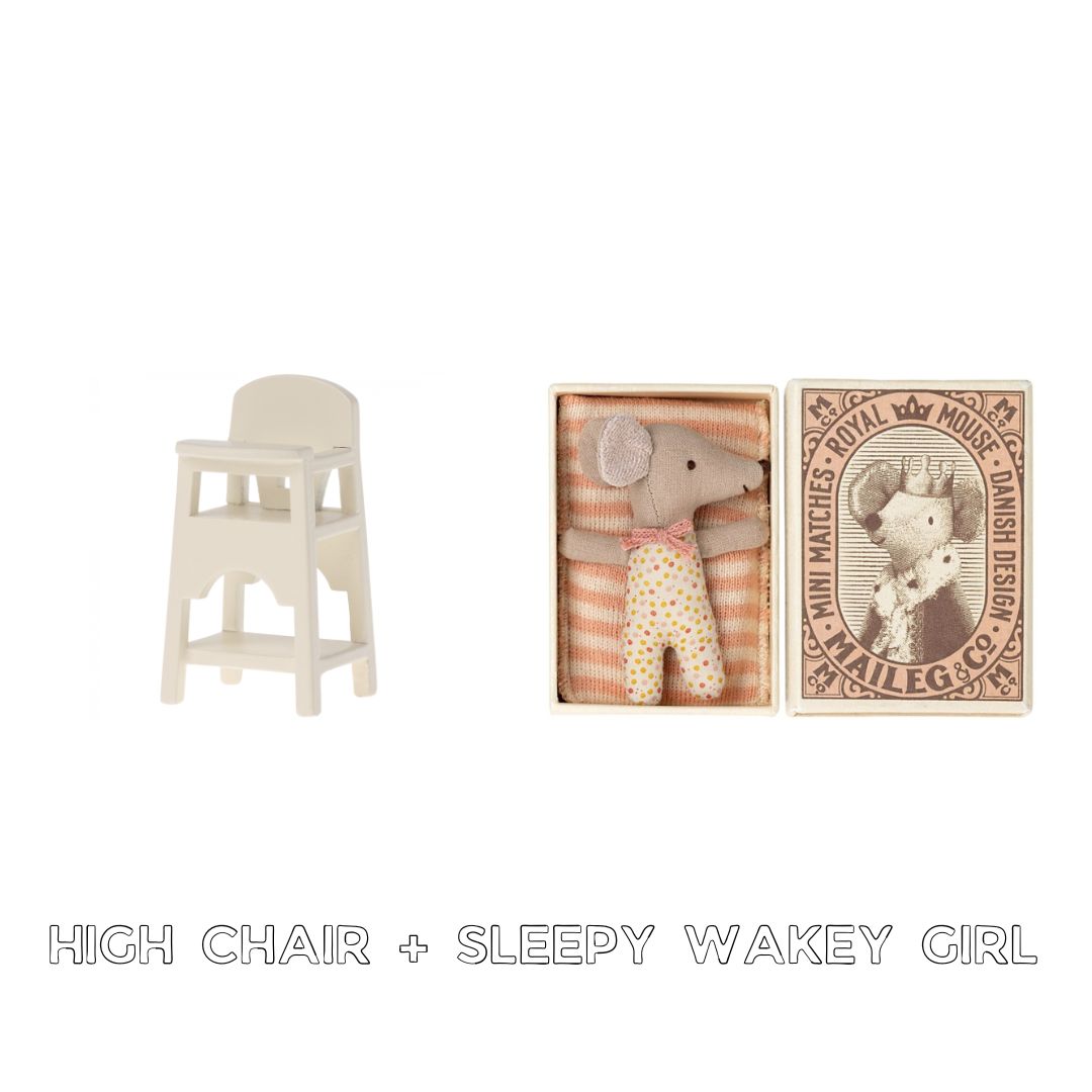 Maileg baby high chair and sleepy wakey baby girl bundle