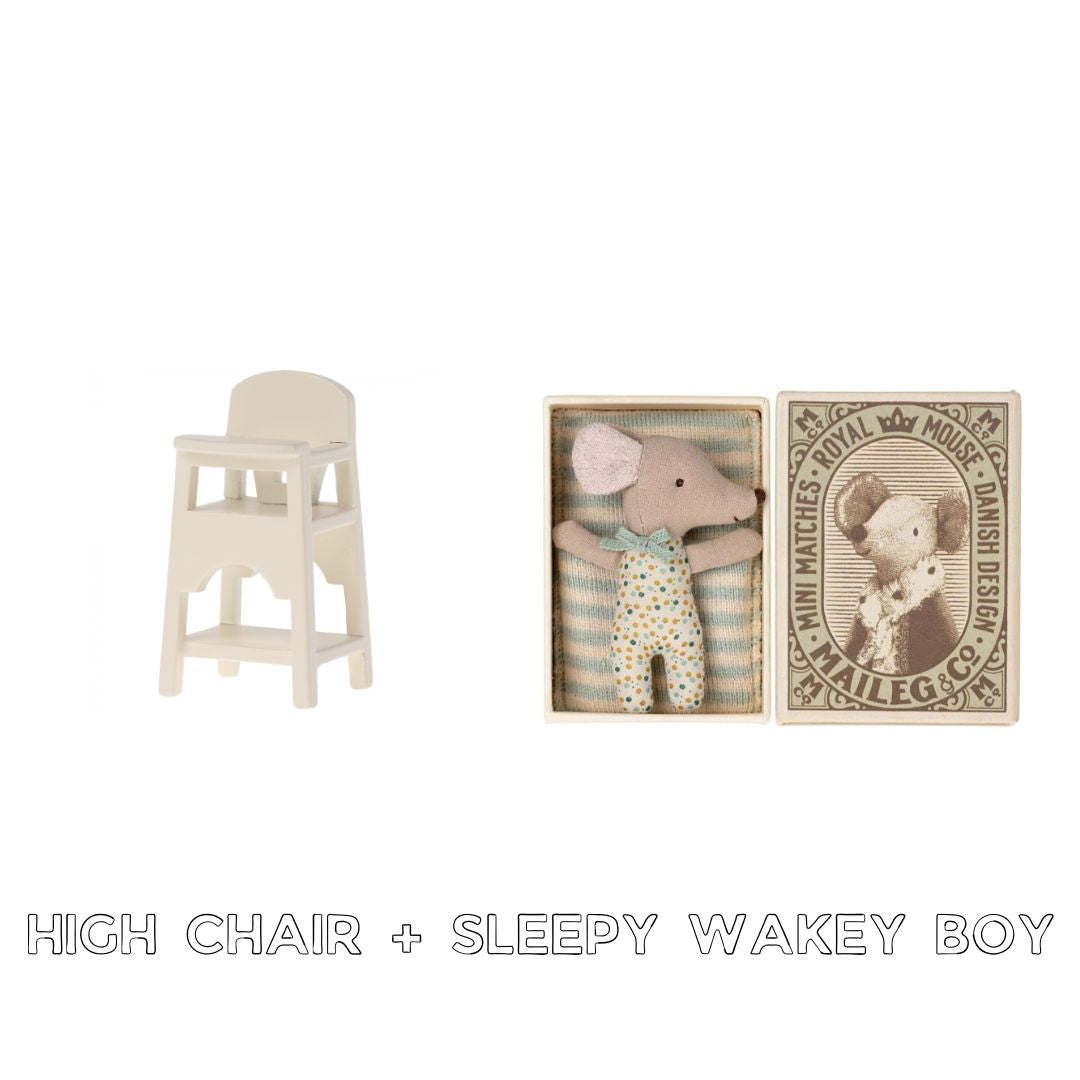Maileg high chair and sleepy wakey baby boy bundle
