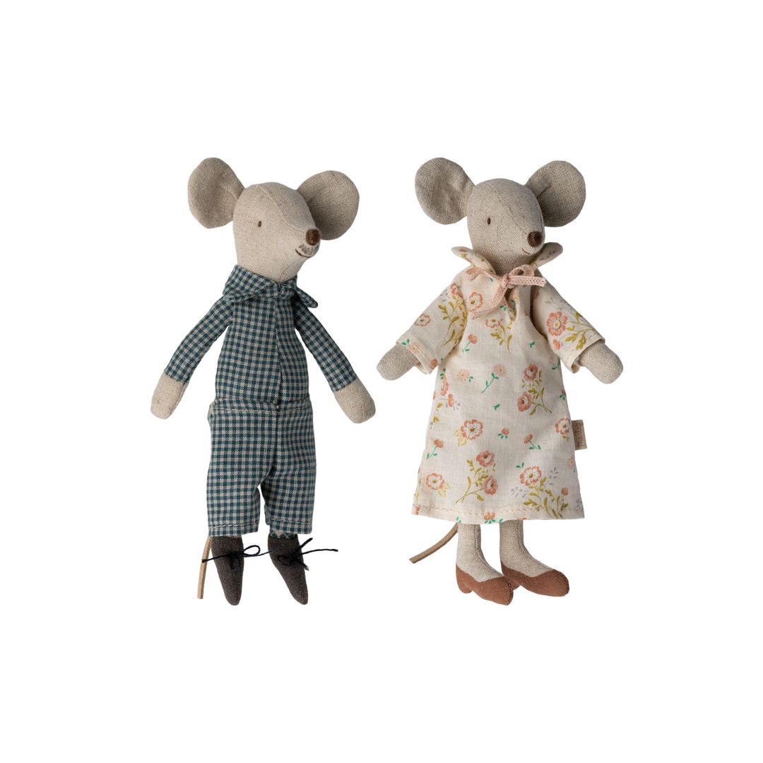 Maileg FW23 mum and dad mice wearing pretty dress and checked outfit