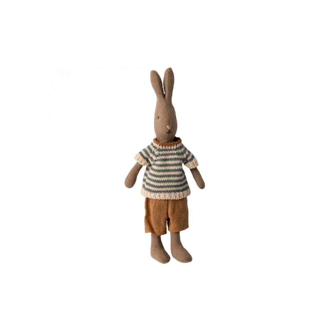 Maileg winter rabbit size 1 wearing striped top and brown shorts