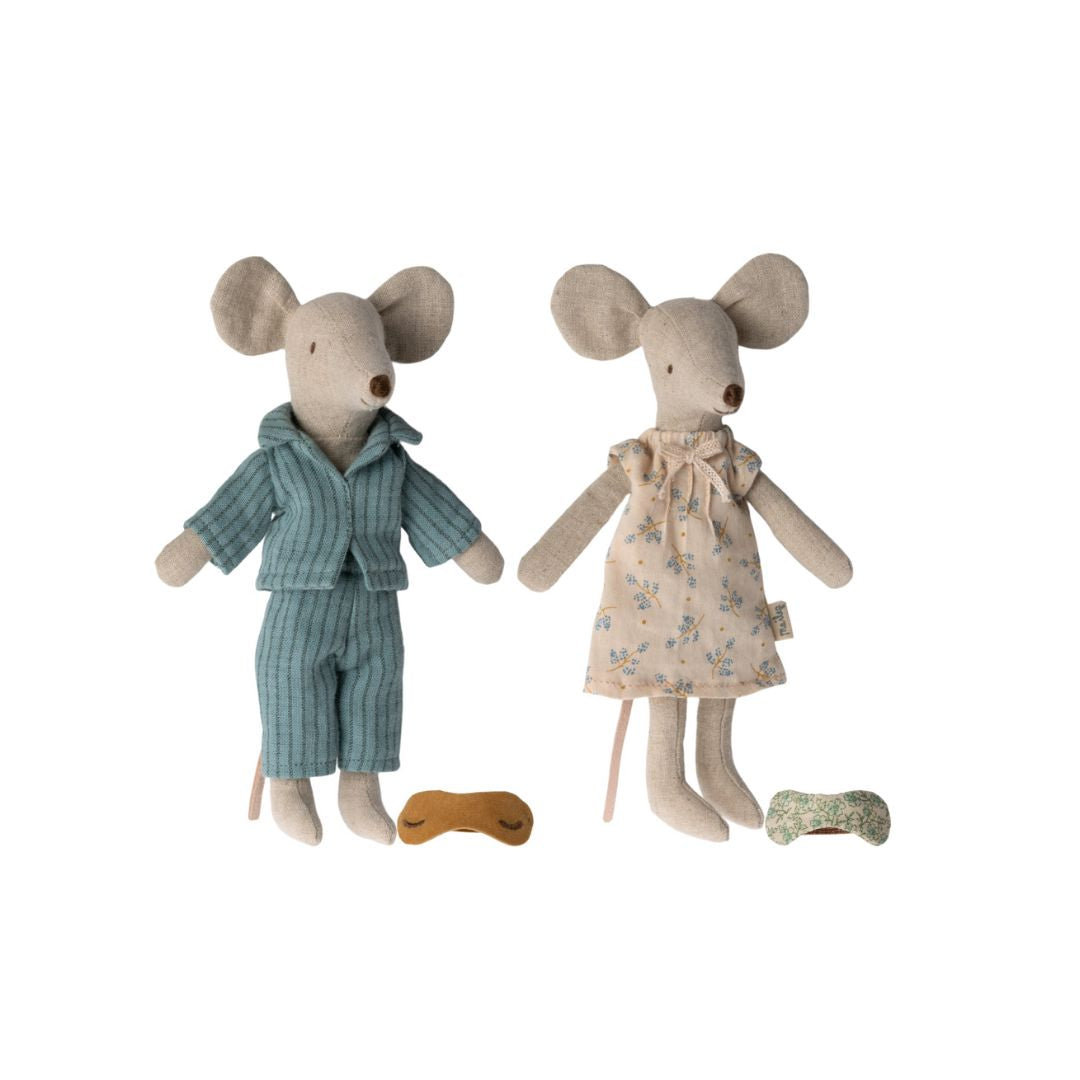 Maileg FW23 mummy and daddy mouse. mummy wearing a pretty dress and daddy in stripy pjs