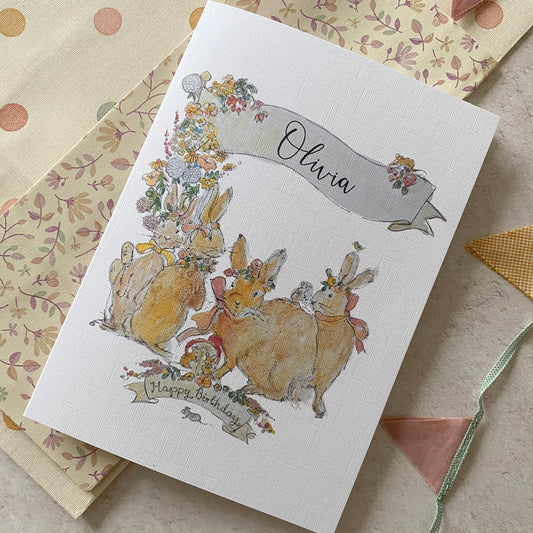 Flower Crown Bunnies Personalised Birthday Card