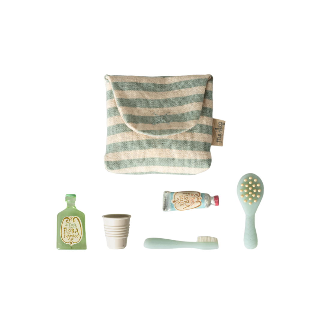 Maileg Toothbrush set in bag, Mouse - Blue stripe