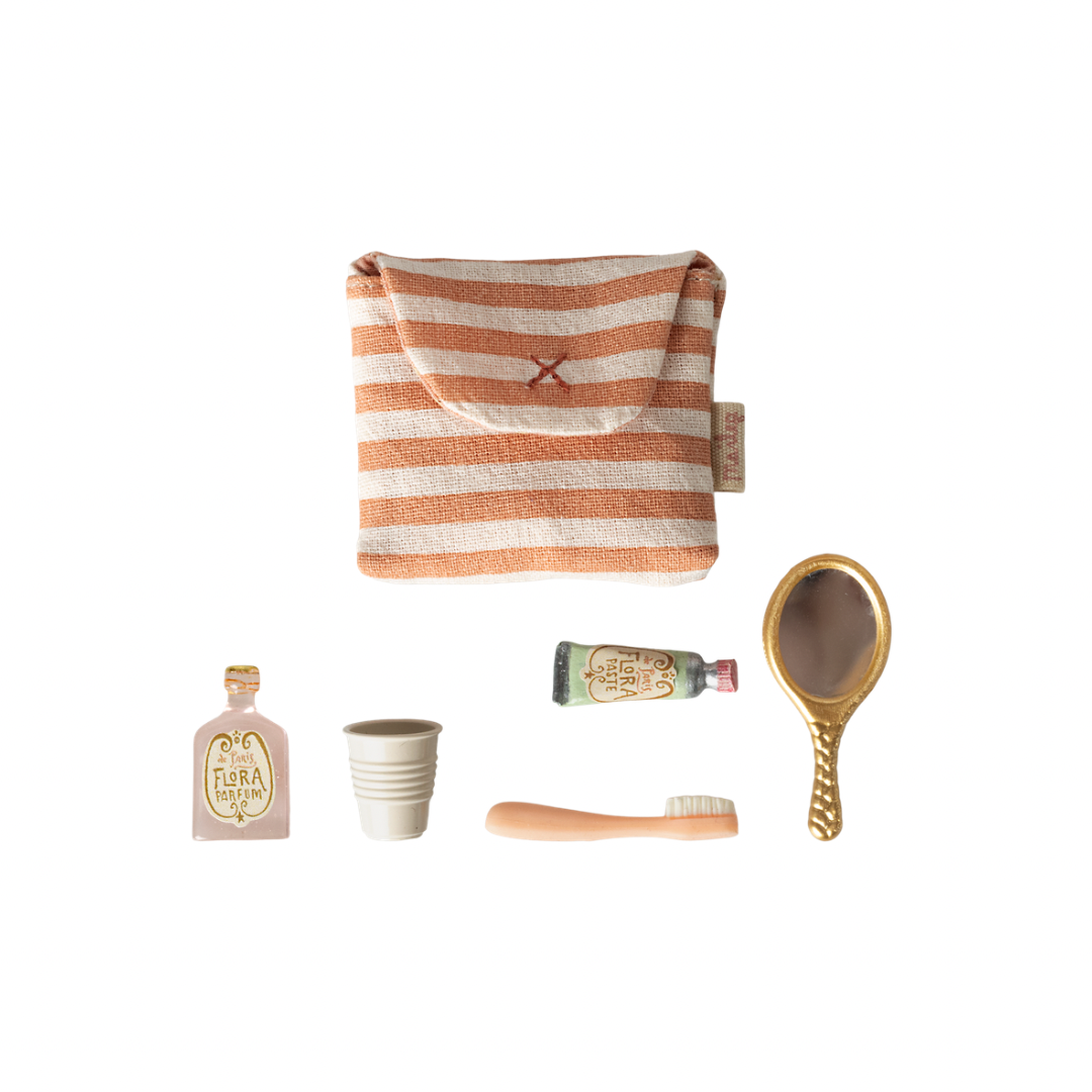 Maileg Toothbrush set in bag, Mouse - Coral stripe