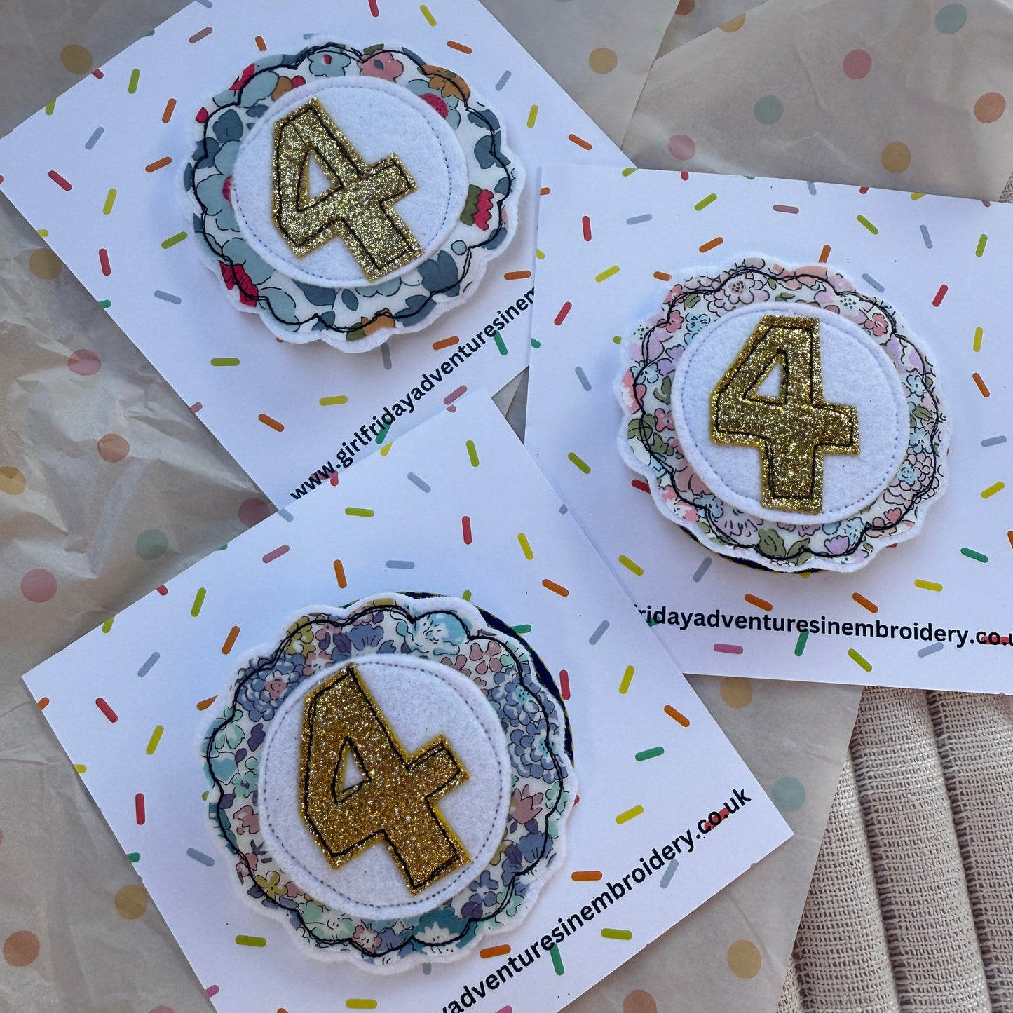 Girl Friday Embroidery Liberty Print Glitter number birthday badge - Age 4