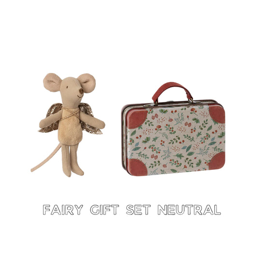 Maileg christmas fairy gift set bundle, natural colour fairy mouse with holly printed tin