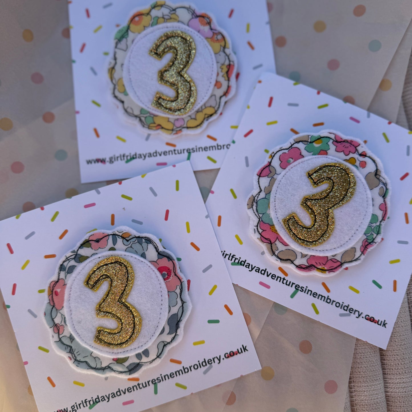 Girl Friday Embroidery Liberty Print Glitter number birthday badge - Age 3