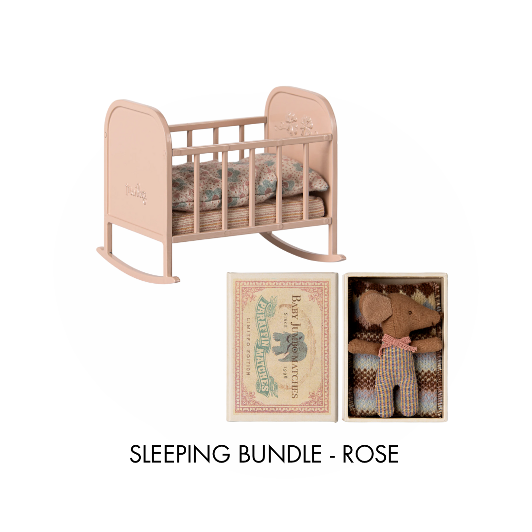 Maileg cradle and baby girl bundle, with a Maileg sleepy wakey baby girl and a Maileg cradle MY in pink