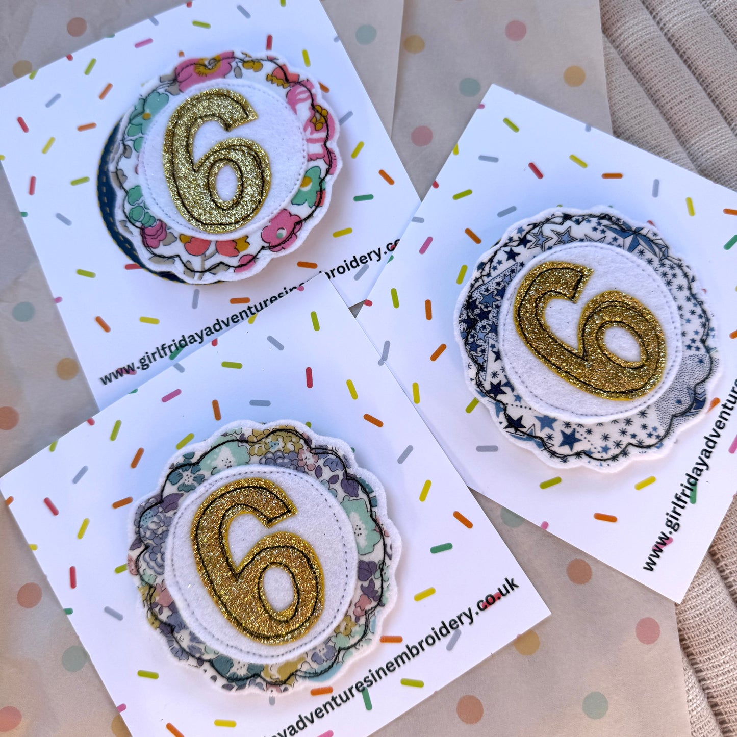 Girl Friday Embroidery Liberty Print Glitter number birthday badge - Age 6