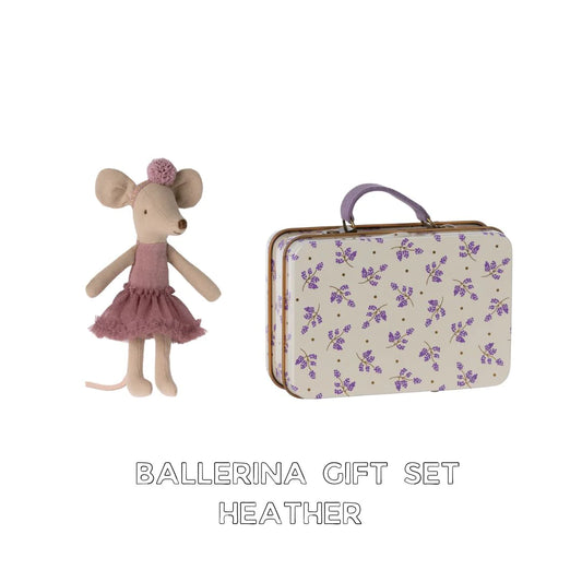 Maileg big sister heather ballerina mouse with a heather suitcase tin, gift set Maileg bundle