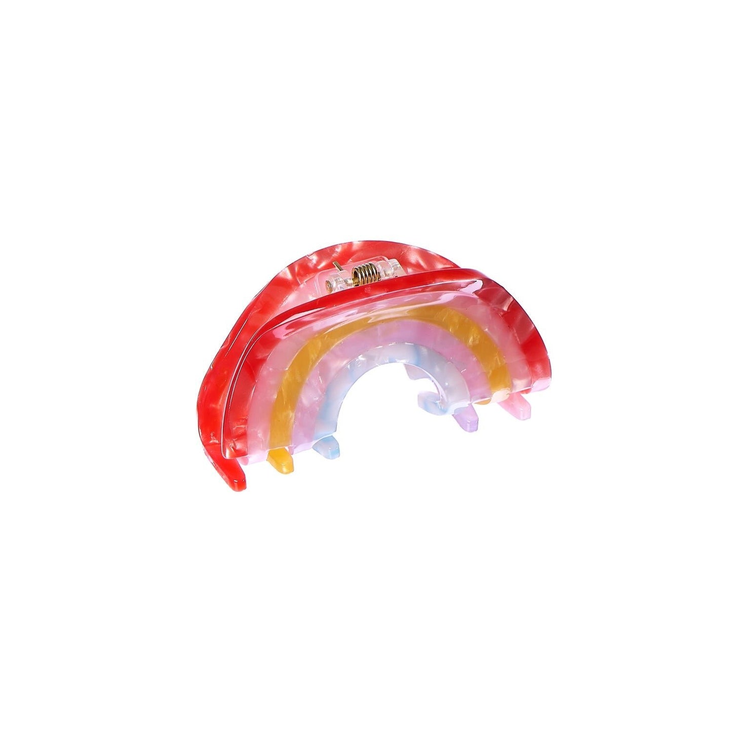 Rockaula kids rainbow shaped claw clip with reds, pinks, yellow, and blues, girls claw clip hair accessory