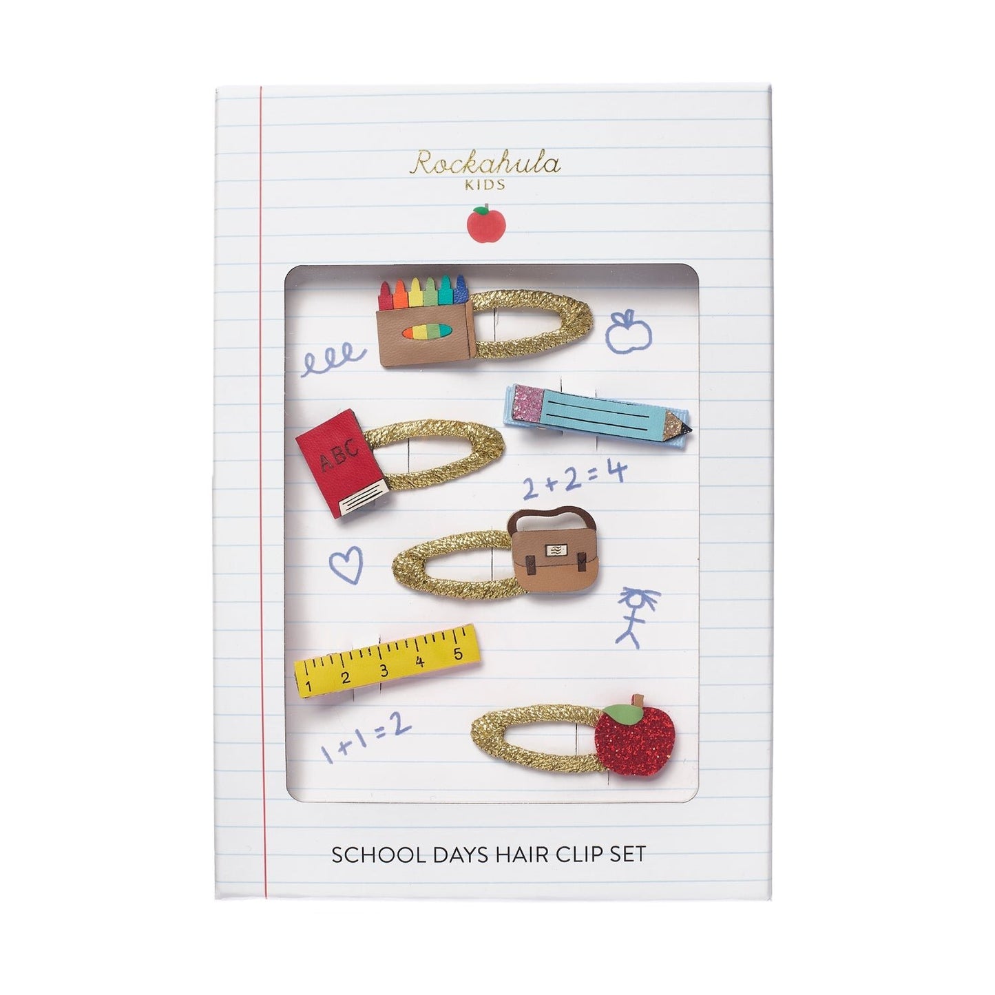 Rochahula kids school days hair clip set, starting school hair accessories set with school themed gold hair clips. Presented i a notebook themed gift box