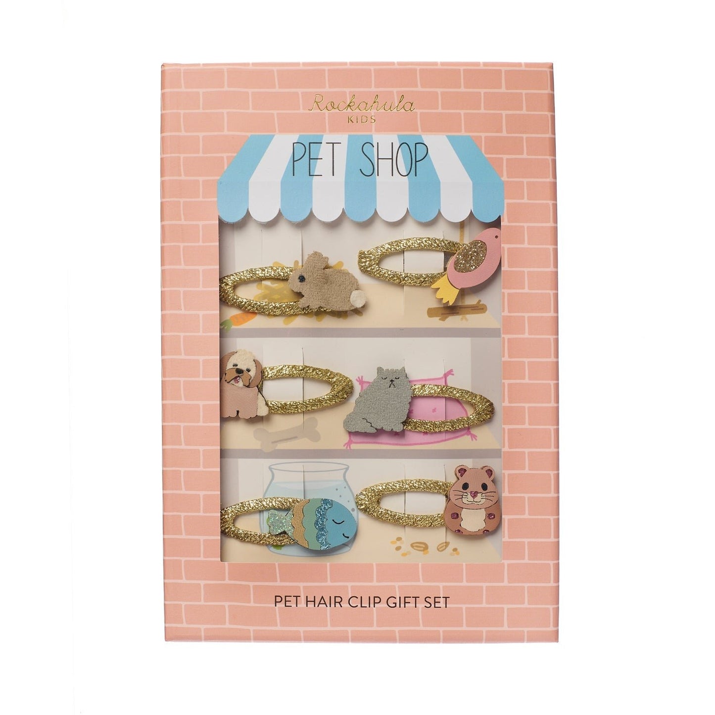Rochahula hair clip pet shop gift set, with animal themed individual hair clips with bunny, bird, dog, cat, fish and guinnee pig on gold glitter hair slides. Presented in a gift box