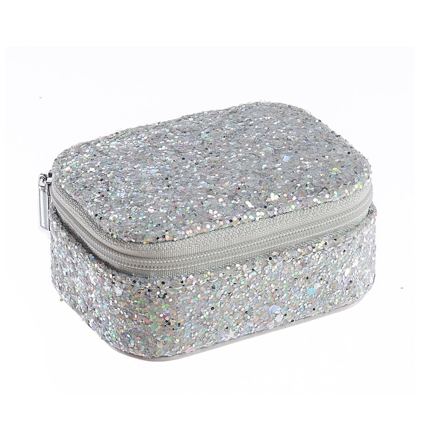 Rochahula kids sparkly silver glitter jewellery box, mini glitter jewellery box travel size with silver zip, room for rings and small jewellery pieces perfect girls gift idea under £15
