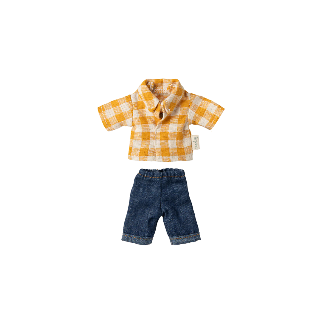 Maileg Yellow checked shirt and pants, Dad mouse