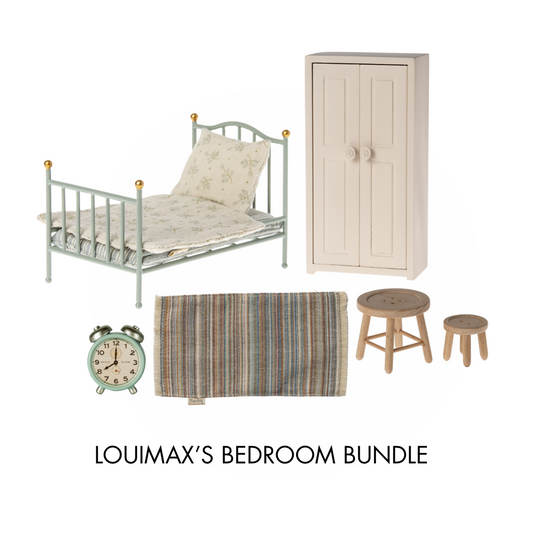 Maileg LouiMax adventure mouse bedroom bundle, including Maileg vintage bed, cream wardrobe, table and stools, striped rug and alarm clock.