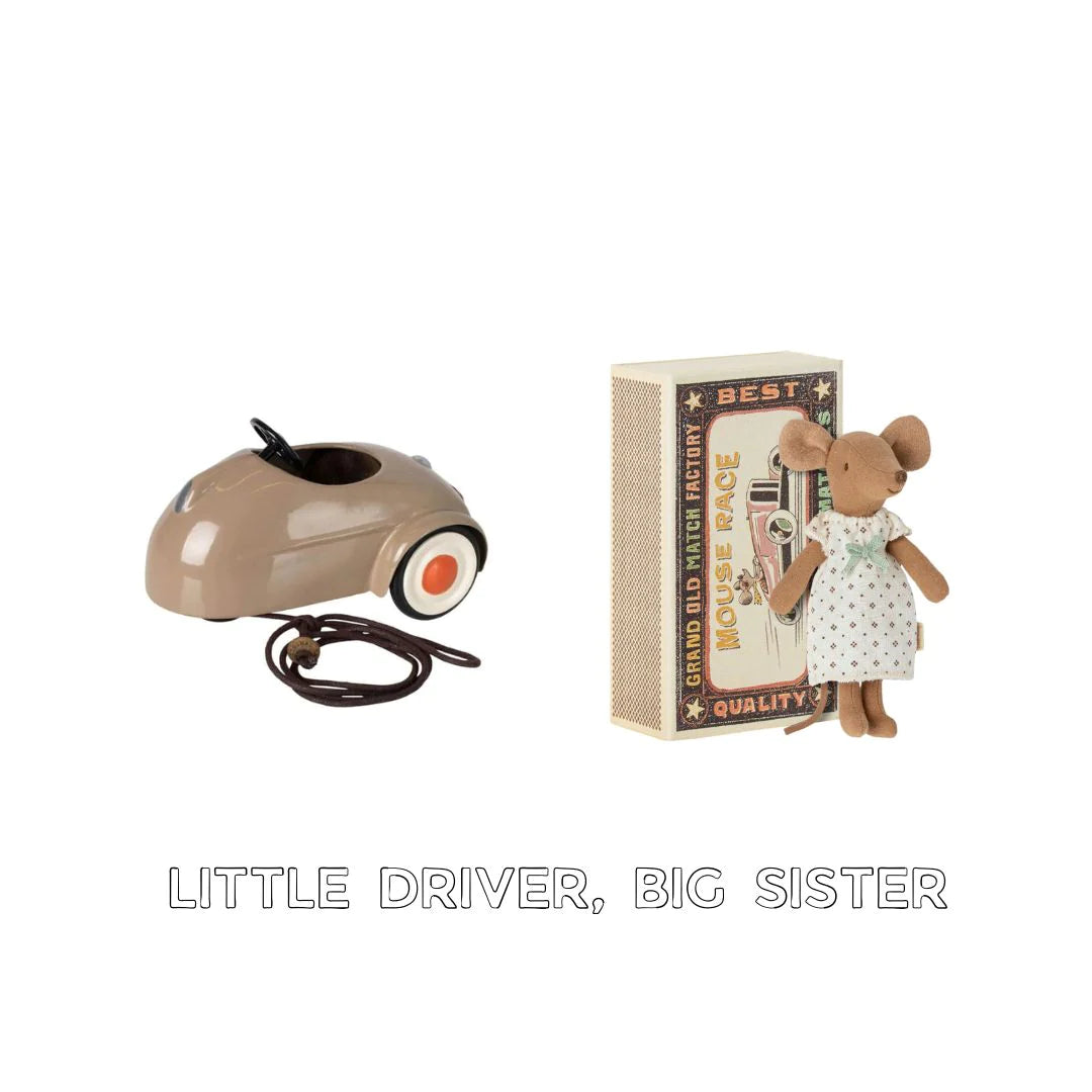Maileg gift set with Maileg big sister mouse and a little mouse car, little driver Maileg gift set