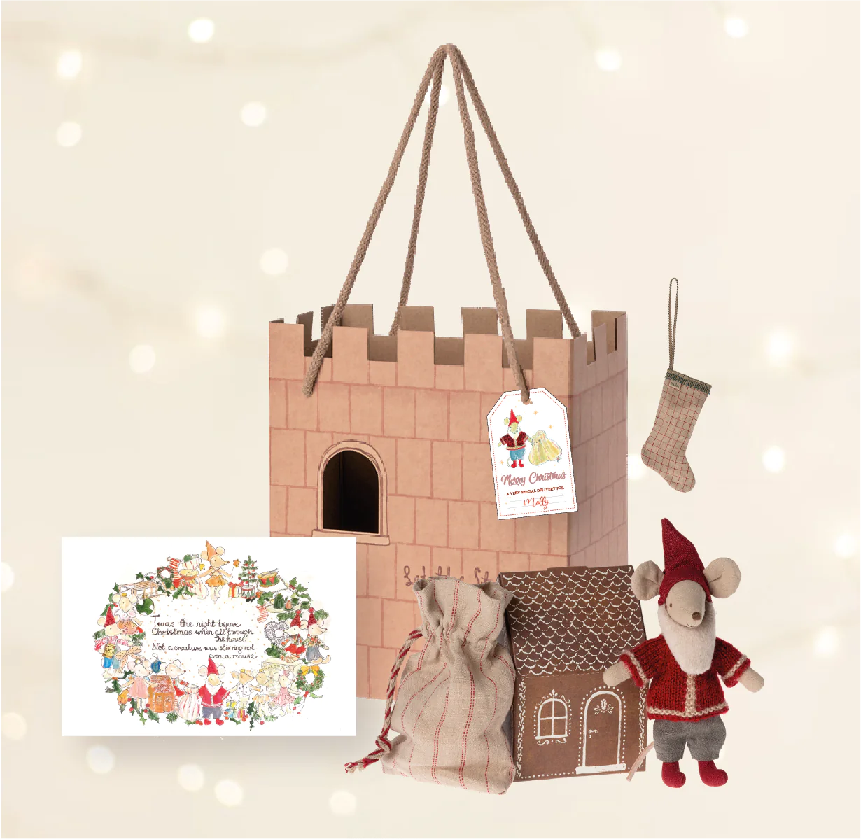 Maileg Christmas Eve Box, including maileg santa mouse. exclusive print, Maileg stocking and personalised tag