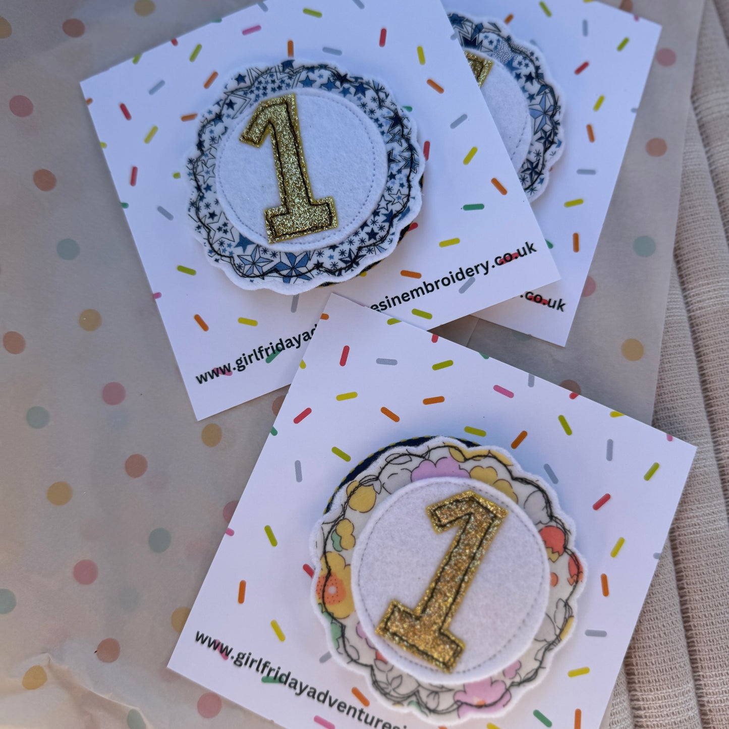 Girl Friday Embroidery Liberty Print Glitter number birthday badge - Age 1