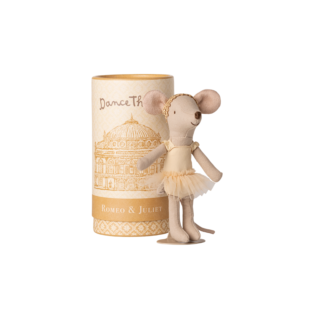 Maileg girl dancer mouse in cream outfit with a cylinder presentation Maileg Romeo and Juliette printed presentation gift box. Ballet dance big sister mouse from Maileg AW25 Collection