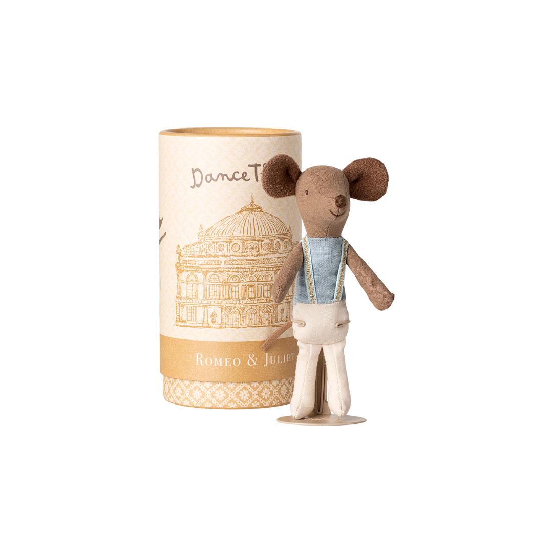 Maileg boy dancer mouse in blue outfit with a cylinder presentation Maileg Romeo and Juliette printed presentation gift box. Ballet dance mouse from Maileg AW25 Collection