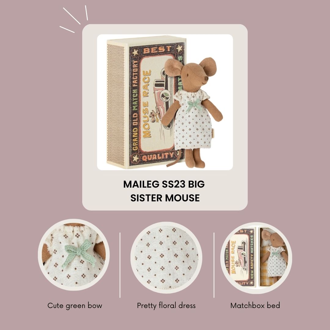 Maileg Big Sister Mouse in a matchbox, White pretty dress