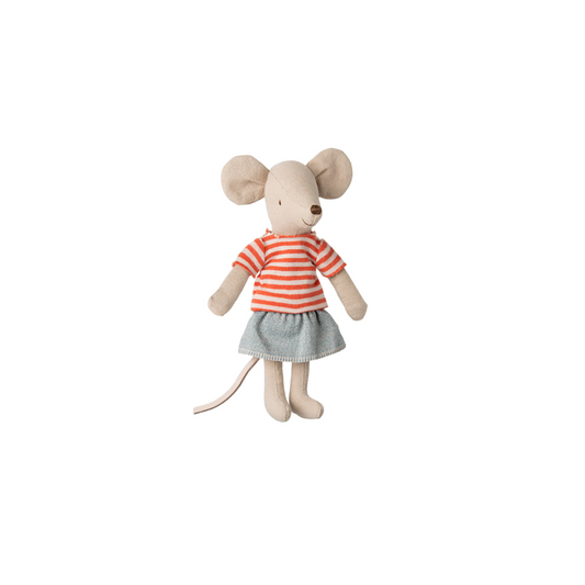 Maileg LouiMax's siter Mouse, Big sister, dressed in striped tshirt and blue skirt. Part of Maileg LouiMax collection.