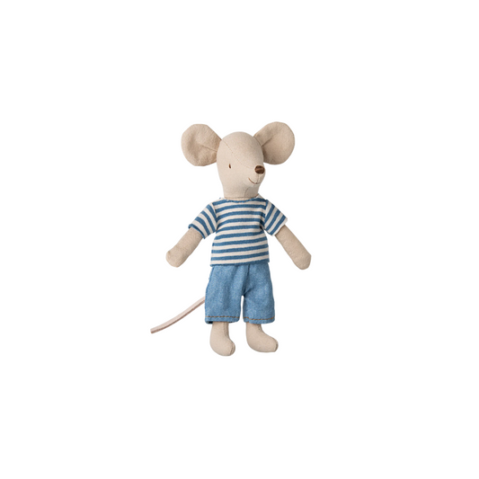 Maileg LouiMax, Mouse, Big brother, dressed in blue white striped tshirt, and denim shorts. Part of Maileg LouiMax collection.