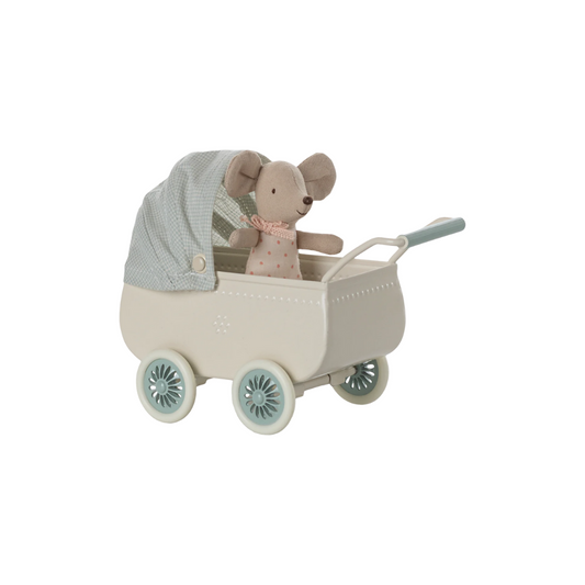 Maileg mint Pram with baby mouse, a set with a pram and mouse included.