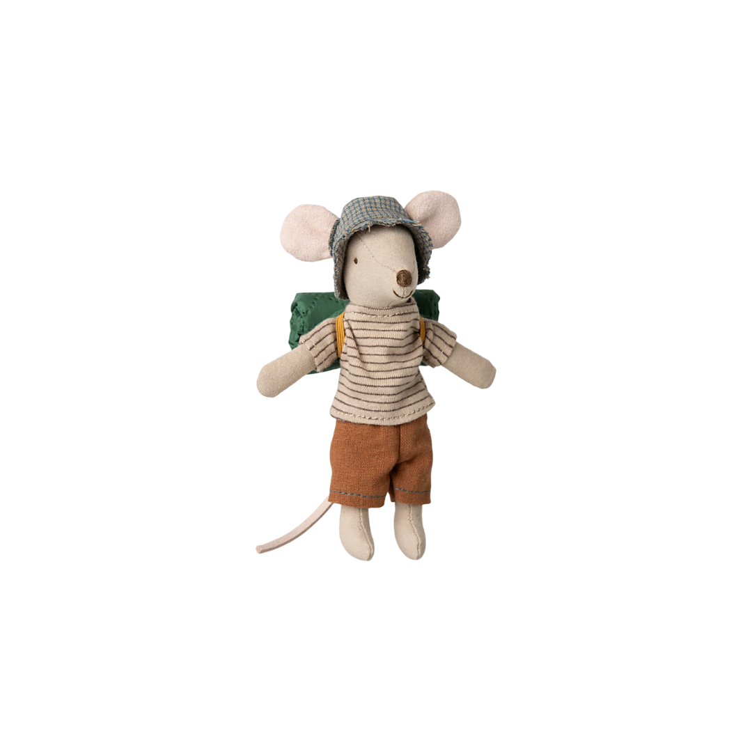 Maileg hiker mouse with thin stripe top, brown shorts and a green sleeping bag from Maileg hiker collection SS25.