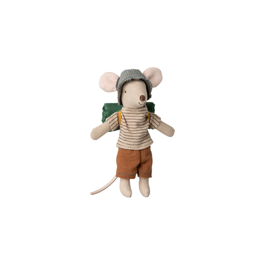 Maileg hiker mouse with thin stripe top, brown shorts and a green sleeping bag from Maileg hiker collection SS25.