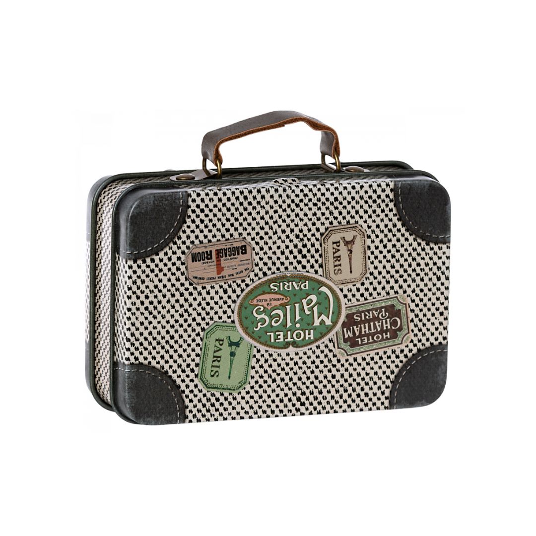 Maileg travel tin suitcase in off white print