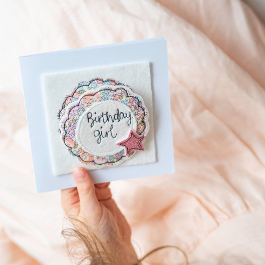 Girl Friday Embroidery Liberty Print Birthday girl badge and card^