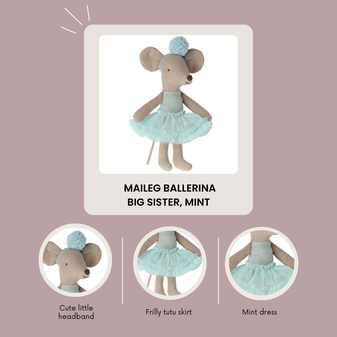 Maileg FW23 Ballerina mouse, Little sister - Light Mint - DUE MAY 2024