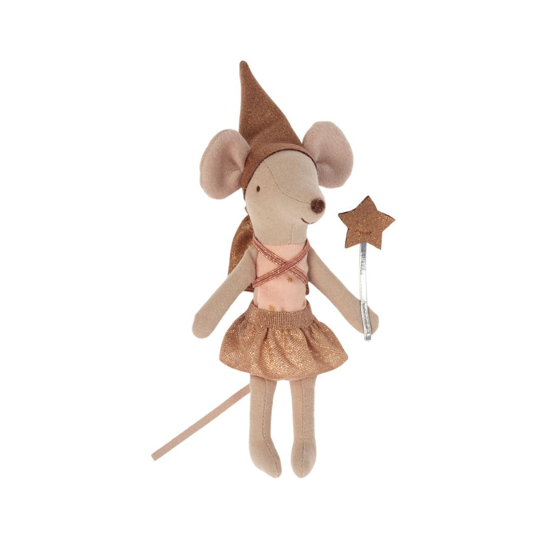 Maileg tooth fairy girl mouse with a want and pink dress