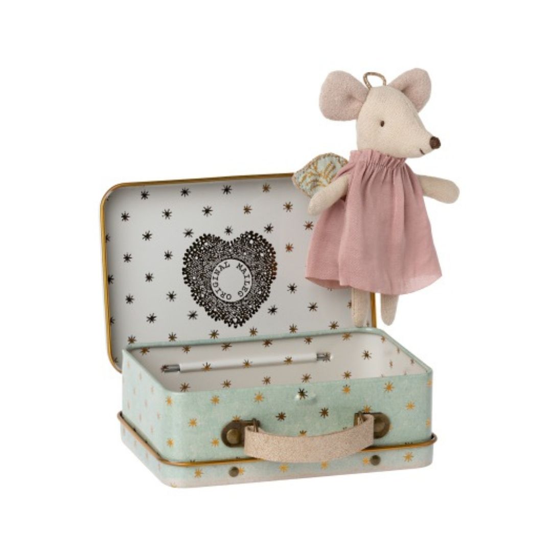 Maileg angel mouse with a cute tin suitcase