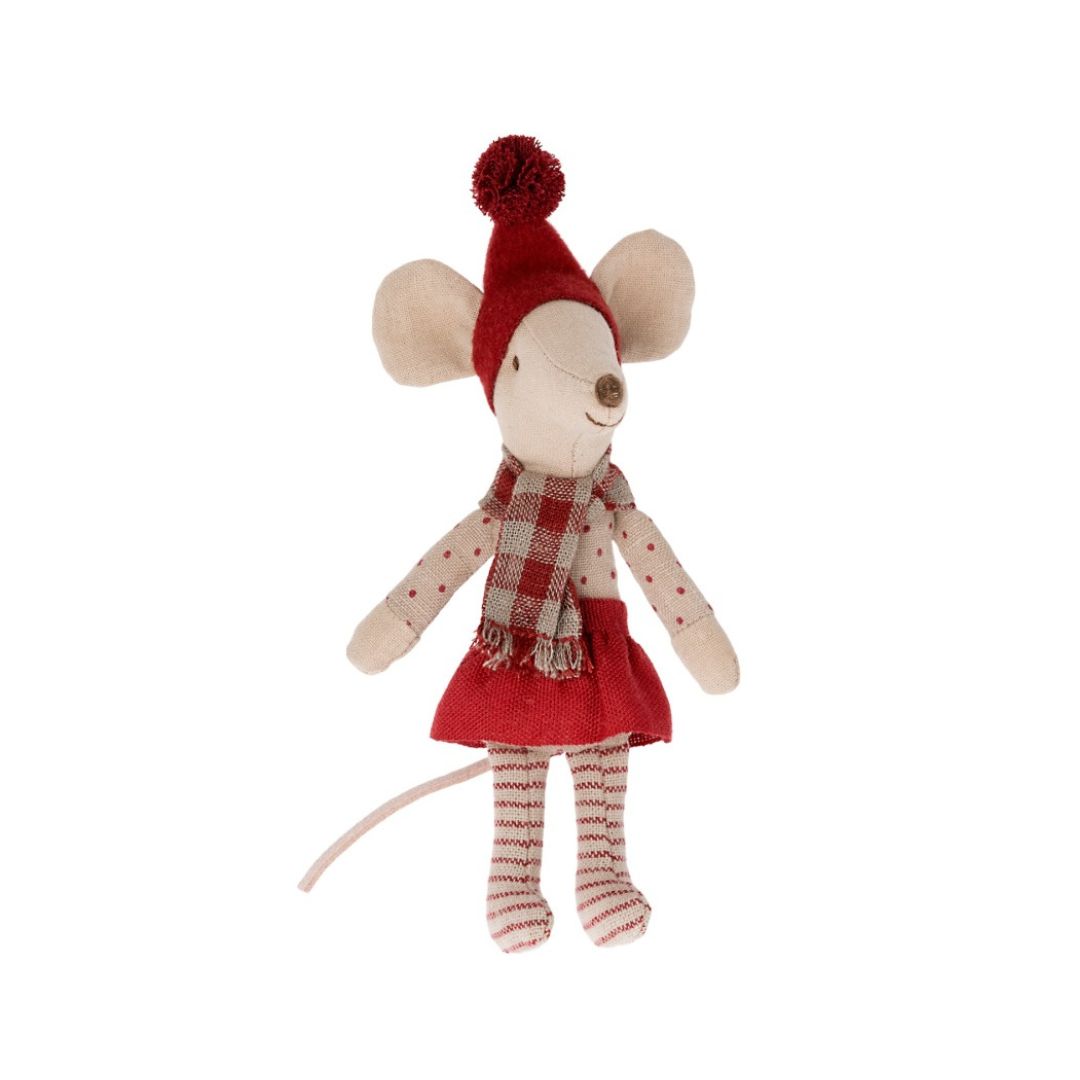 Maileg big sister Christmas mouse wearing checked skirt
