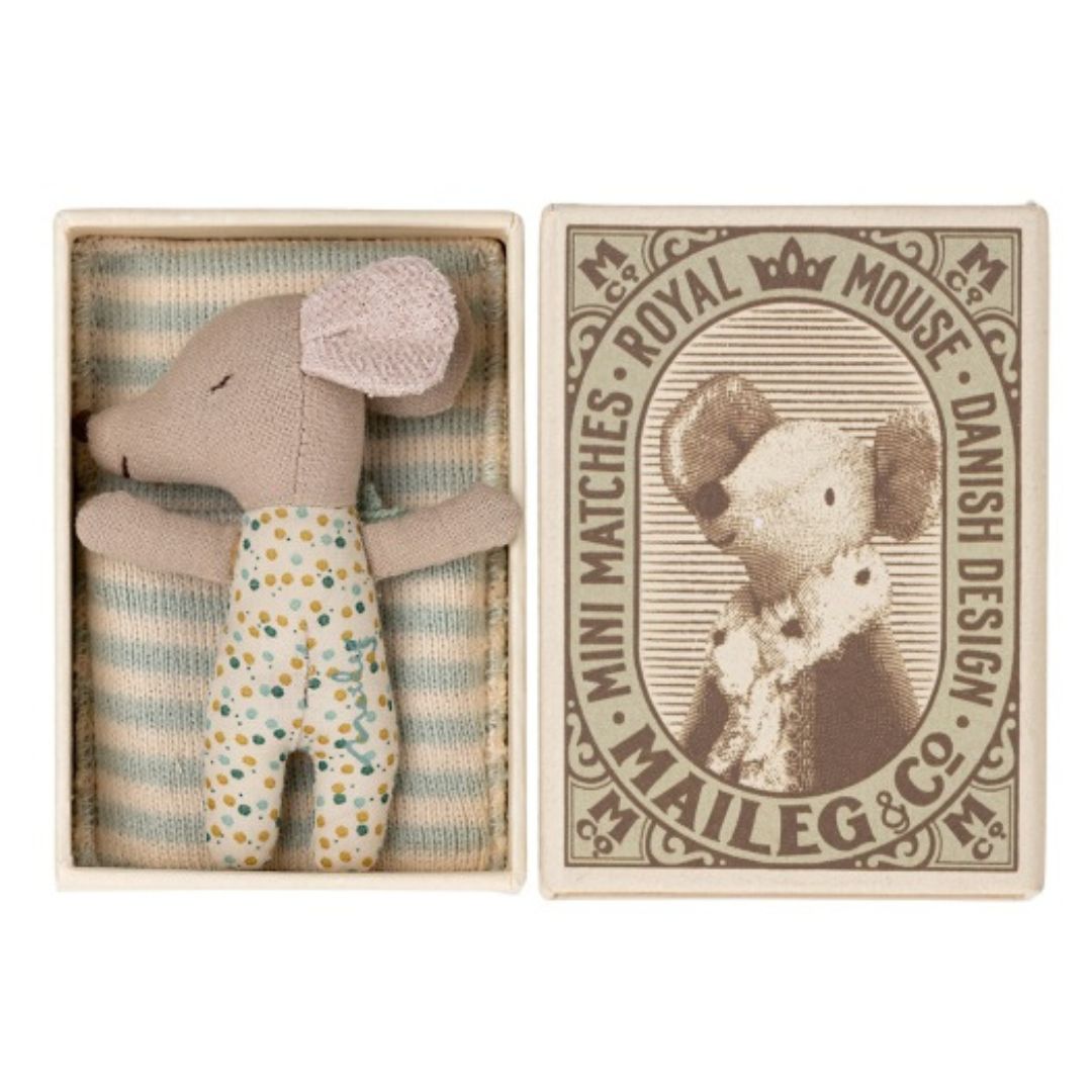 Maileg blue sleepy baby matchbox mouse toy