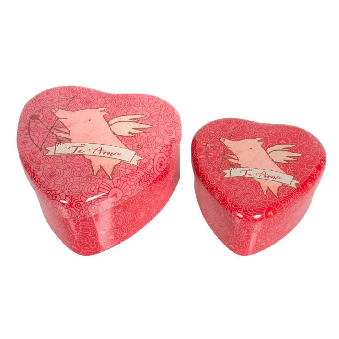 Maileg metal love heart shaped tin with a flying pig