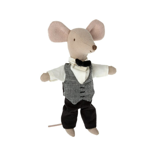 Maileg waiter mouse wearing suit and bowtie outfit